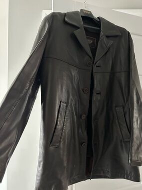 Coach Dark Brown Leather Jacket with Label Detail
